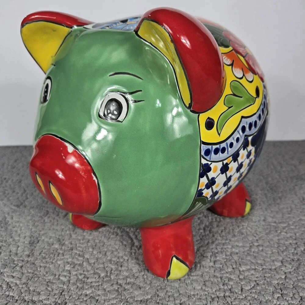 Talavera Piggy Bank Mexican Pottery Art Hand Painted 9.5 x 7.5 X 8 In
